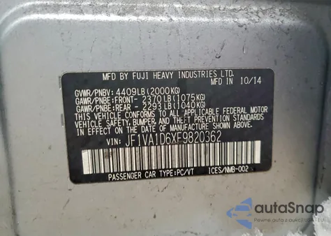 2015 Subaru Wrx Premium z USA, uszkodzony, nr VIN JF1VA1D6XF9820362